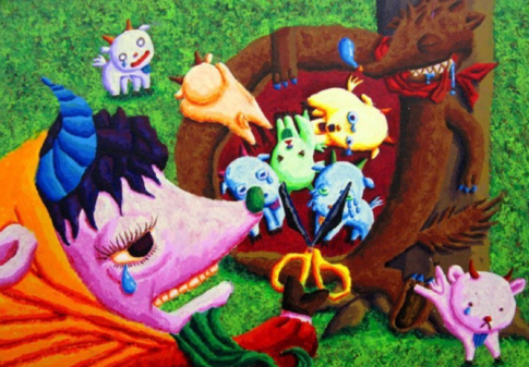 『七匹の子ヤギ子ヤギ』アクリル絵の具、イラストボード、364×515mm